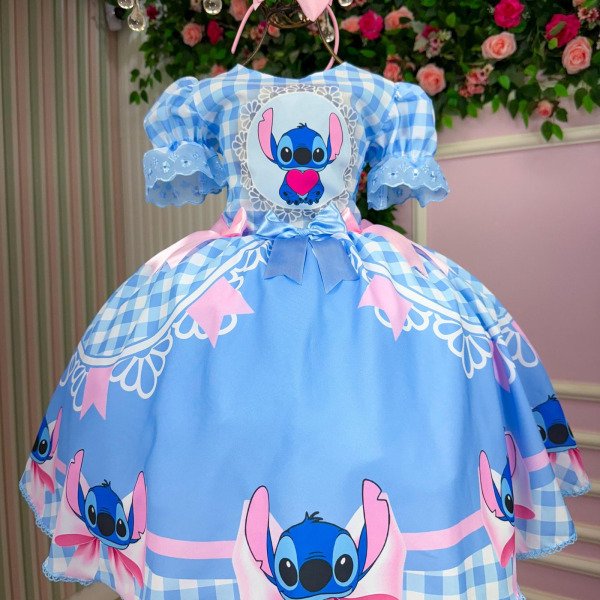 Vestido Junino Tematico Luxo Lilo Stitch Azul Bebe Modelo 2