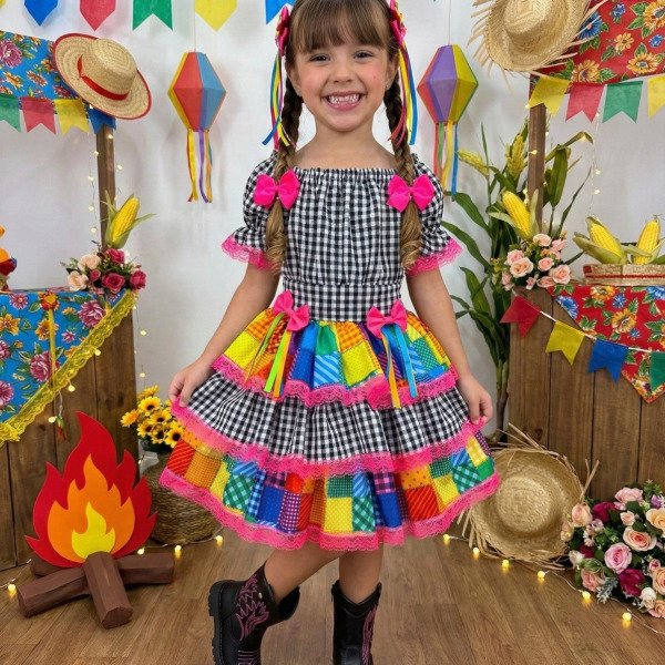 Vestido Junino Banana Club Luxo Quermesse do Sertão Preto