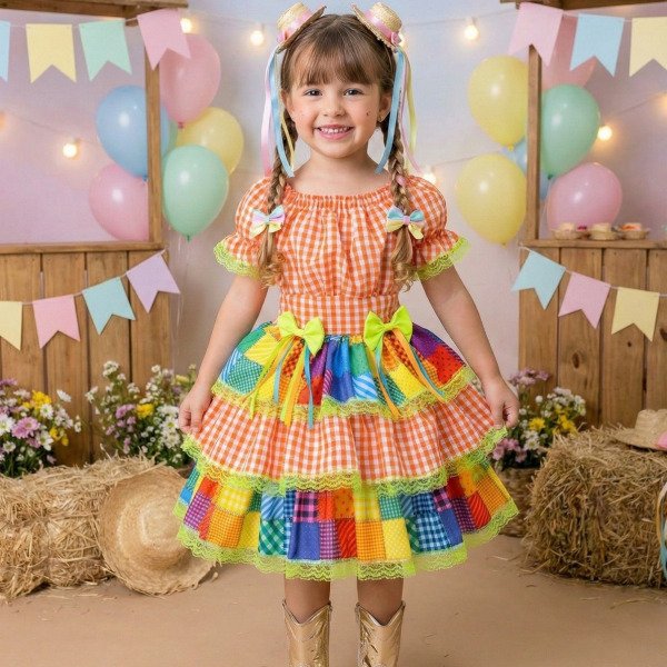 Vestido Junino Banana Club Luxo Quermesse do Sertão Laranja