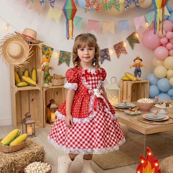 Vestido Marie Junino Luxo Ursinho do Sertão Vermelho