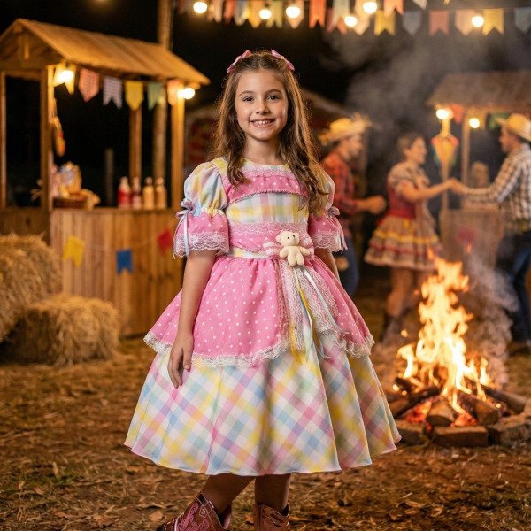 Vestido Marie Junino Luxo Ursinho do Sertão Rosa