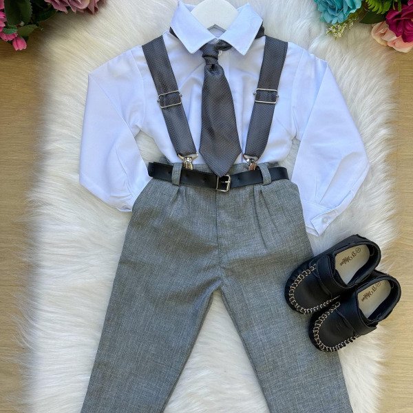 Conjunto Meninos Miss Cherry Rafael Suspensorio Cinza