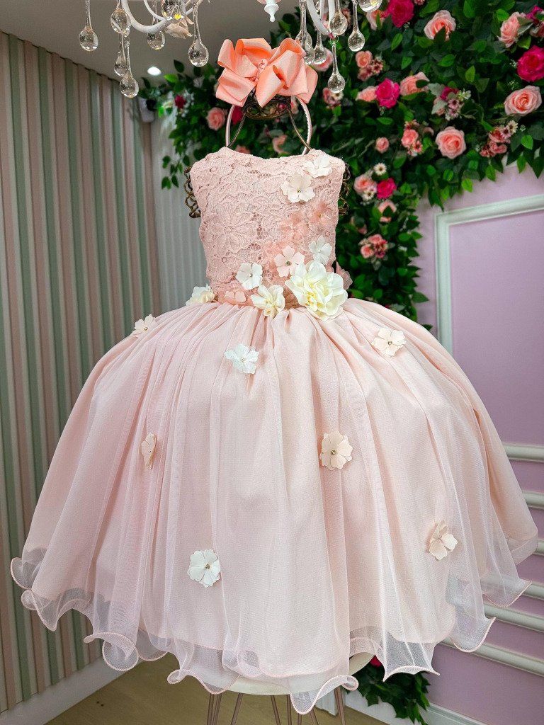 Vestido Juvenil Vila Lele Regata Flores Pessego