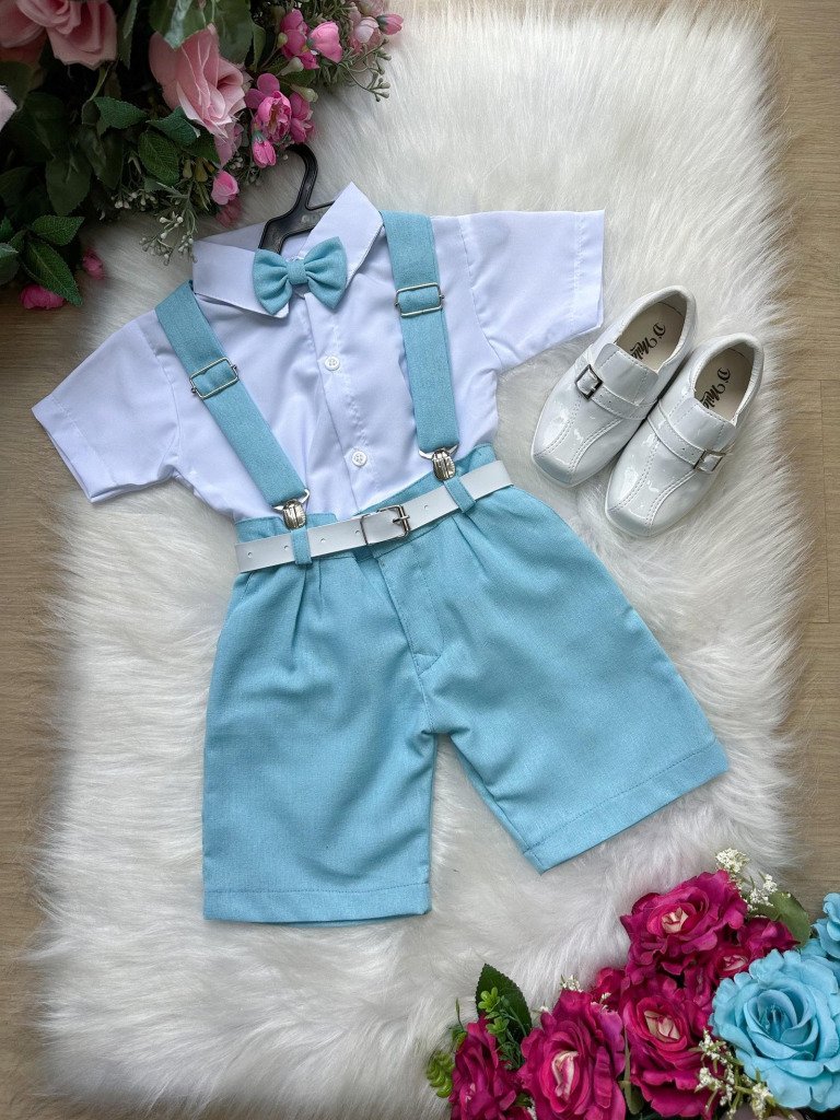 Conjunto Miss Cherry Gustavo Suspensorio Shorts Azul Bebe