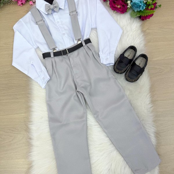 Conjunto Meninos Miss Cherry Leo Suspensorio Cinza Claro