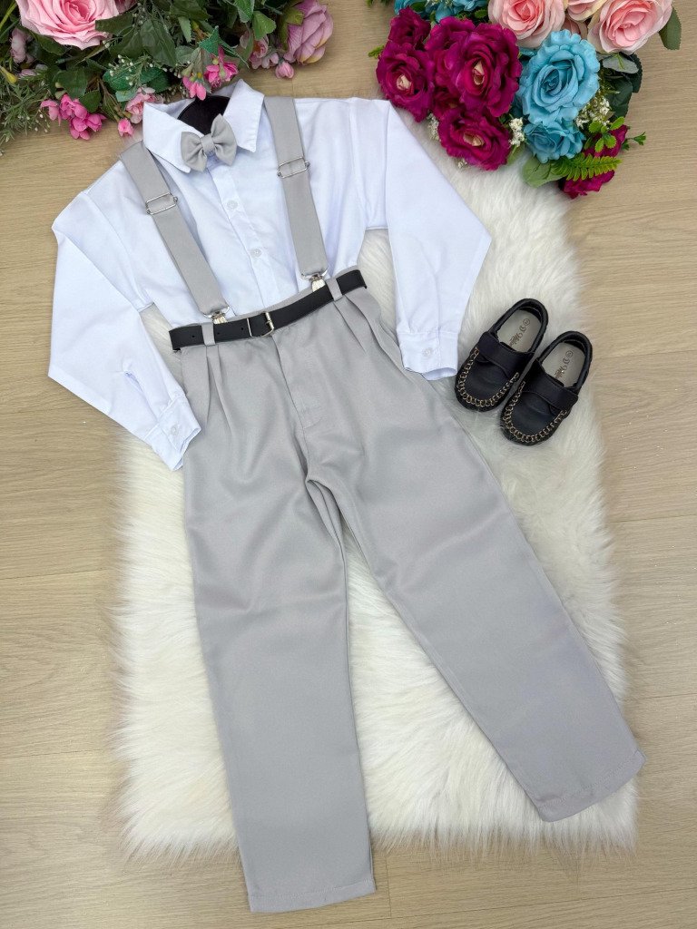Conjunto Meninos Miss Cherry Leo Suspensorio Cinza Claro