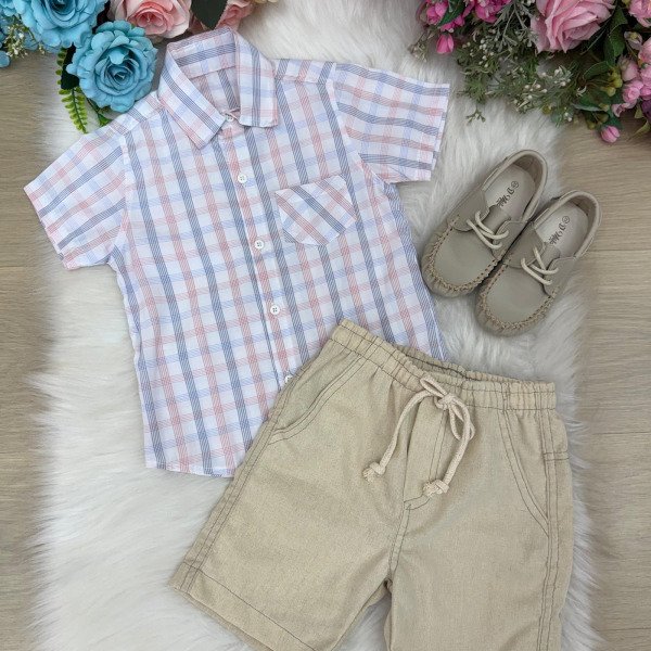 Conjunto Meninos Lucas Banana Club Shorts Linho Camisa Xadre