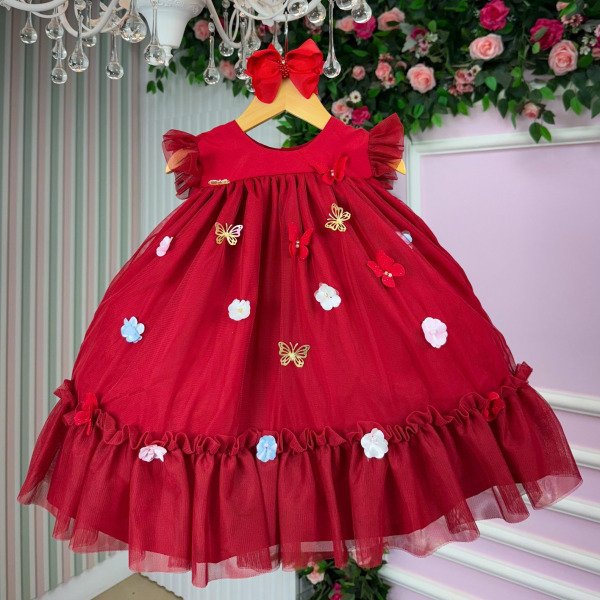 Vestido Vila Lele Jardim das Borboletas Baby Liz Vermelho