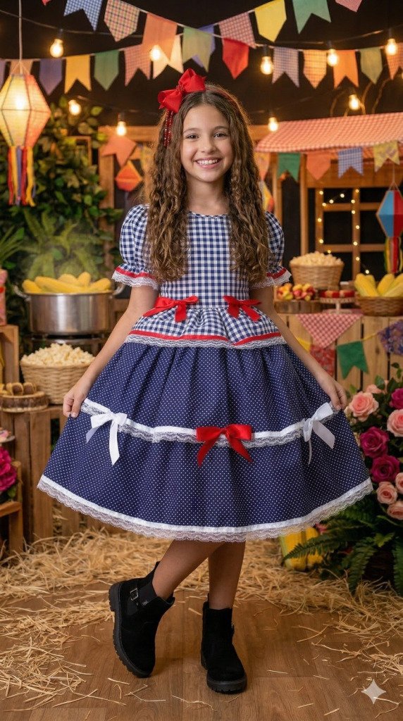 Vestido Junino Mimadine Luxo Stefanny Azul Marinho